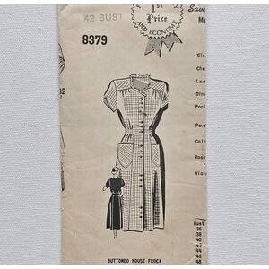1940s Vintage 42" Bust Sue Burnert 8379 Button Up House Dress Sewing Pattern